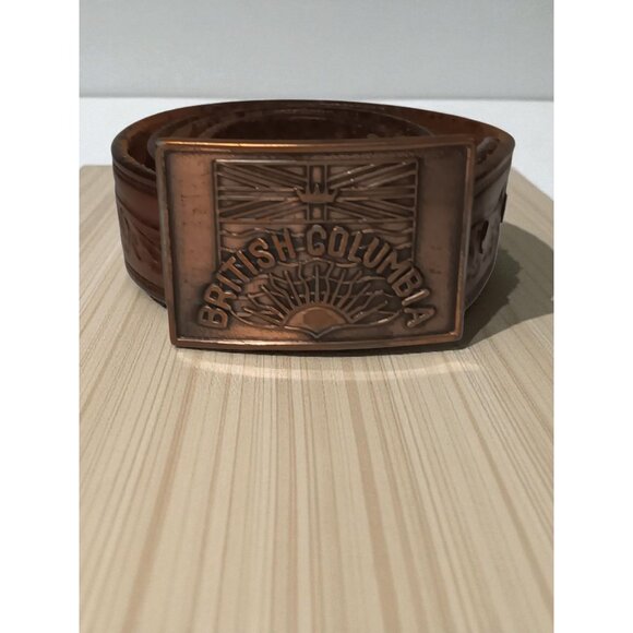 Mens Tooled Full Grain Leather Belt British Columbia Copper Buckle Size 38 - Picture 4 of 14